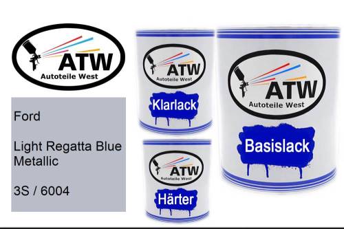 Ford, Light Regatta Blue Metallic, 3S / 6004: 1L Lackdose + 1L Klarlack + 500ml Härter - Set, von ATW Autoteile West.